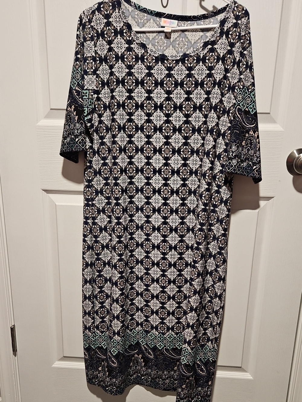 LuLaRoe Navy & White Patterned Midi Dress with Teal Accents - Picture 1 of 5